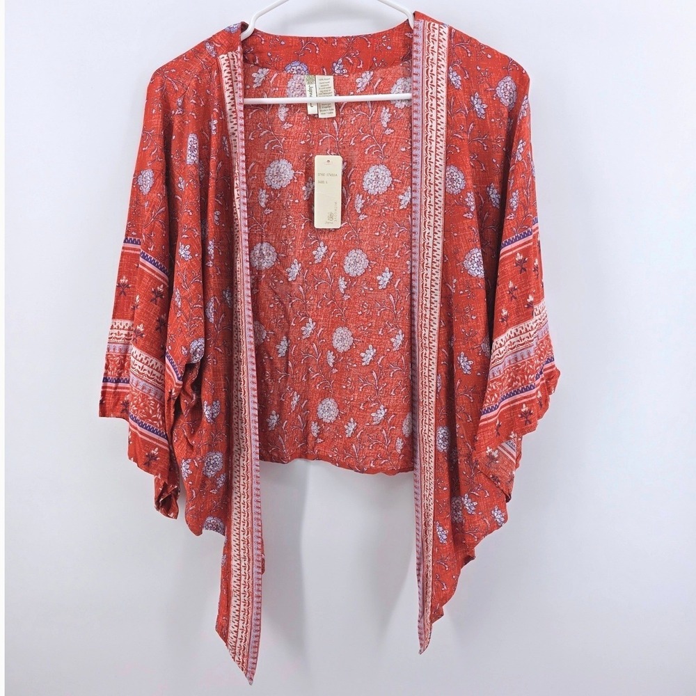 NWT Japna Womens Floral Kimono Cardigan Open Front Wrap Top Size Large Orange